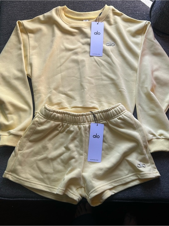 ALO Yoga Tops - ALO Yoga Pale Yellow Cropped Sweatshirt & Elastic Waist Shorts Set